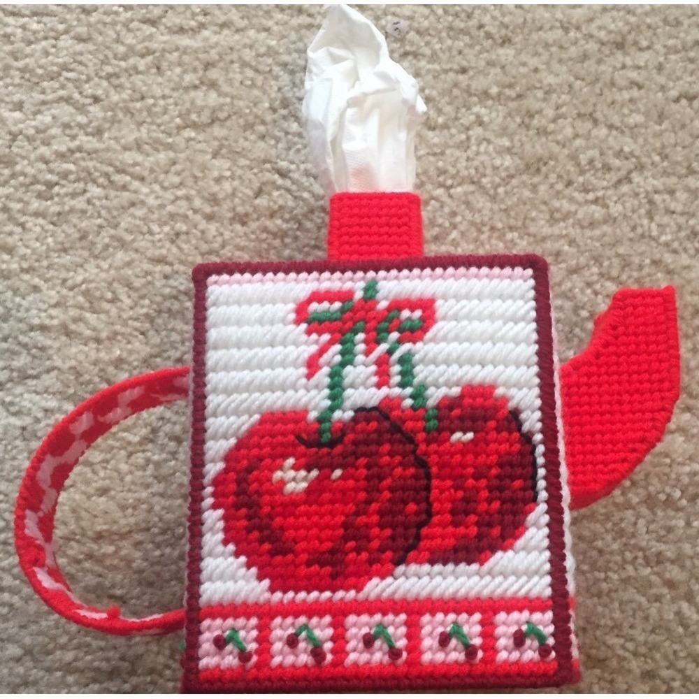 Handmade Plastic Canvas Tissue Box Cover Cherry Teapot Needlepoint Vintage Style